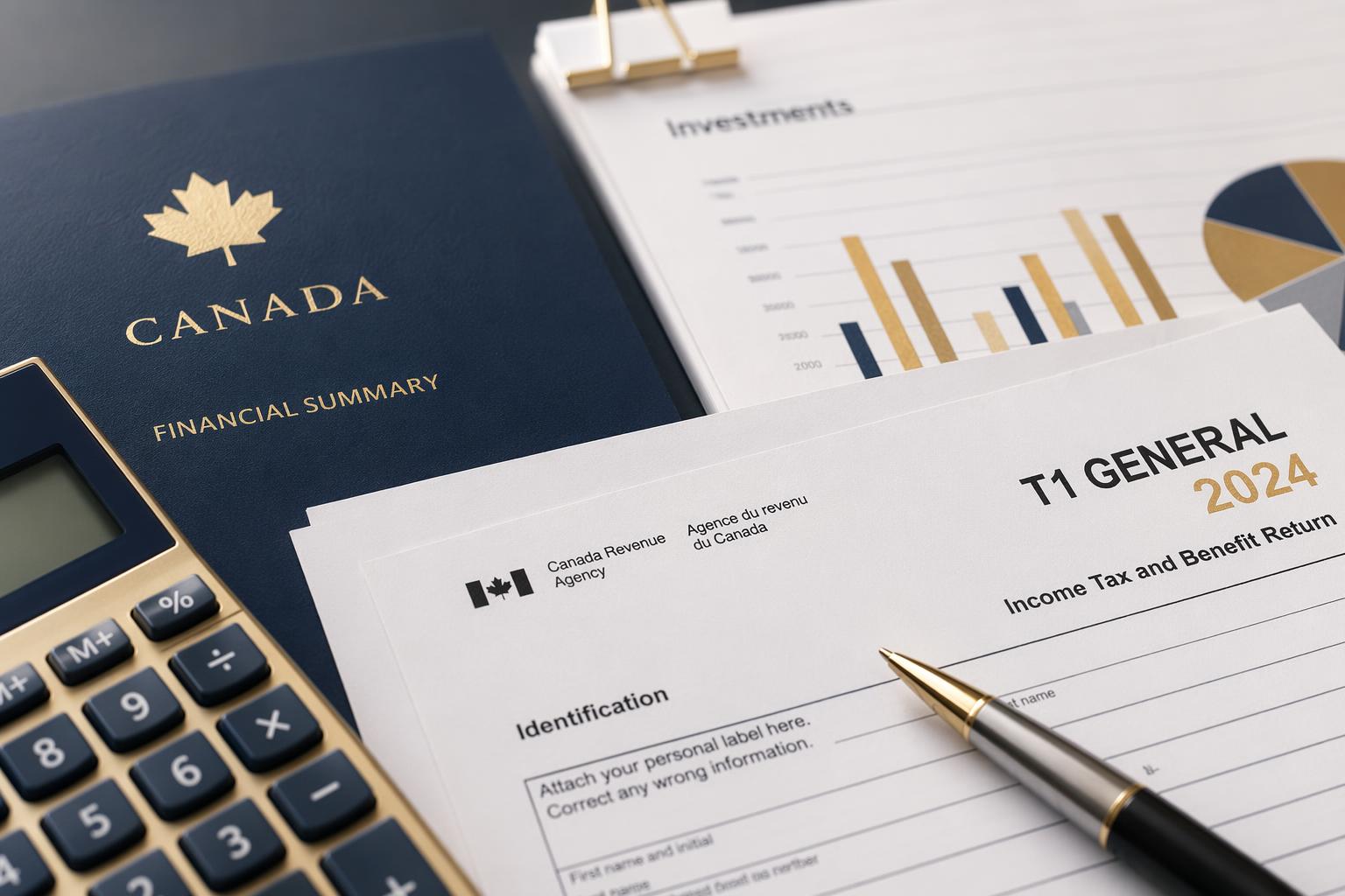 Documents fiscaux canadiens, calculatrice et stylo