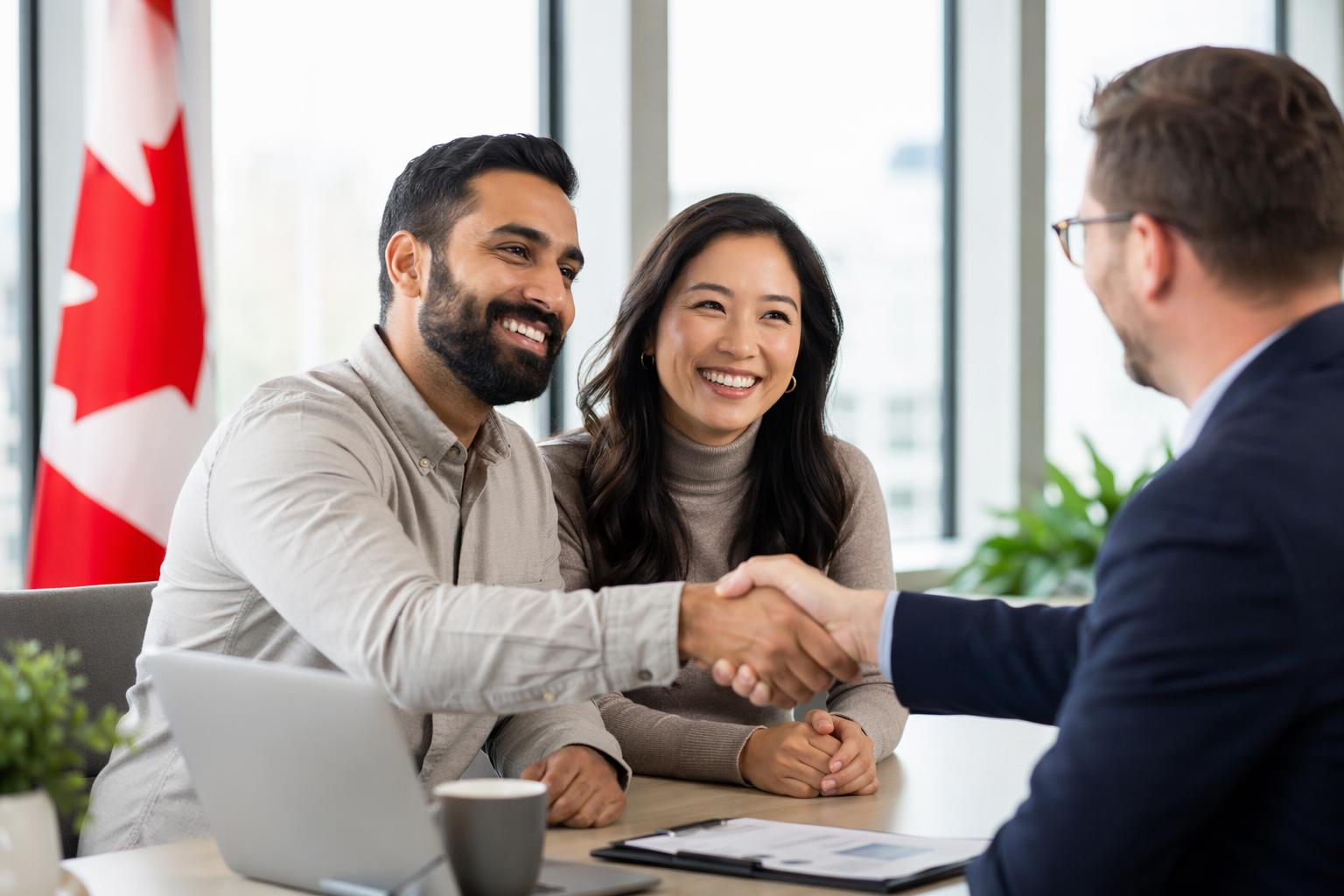 Un couple échange avec un conseiller dans un bureau au Canada